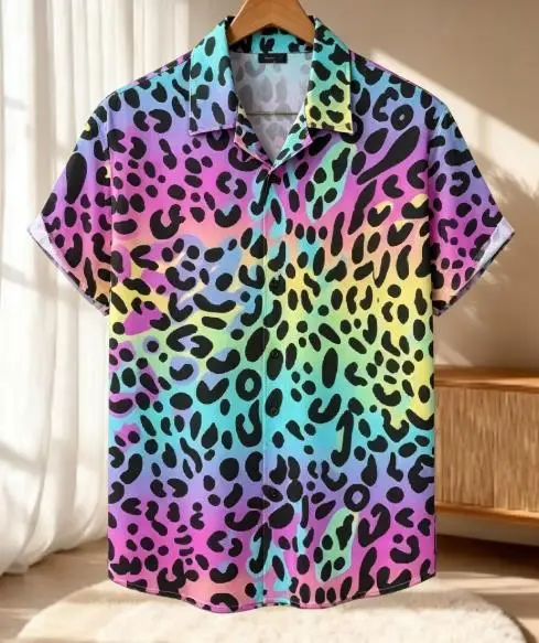 Herren-Hemd mit Farbverlauf, Regenbogen-Leopardenmuster, kurzärmelig, für den Sommer, Strand, lässig, mit Knopfleiste