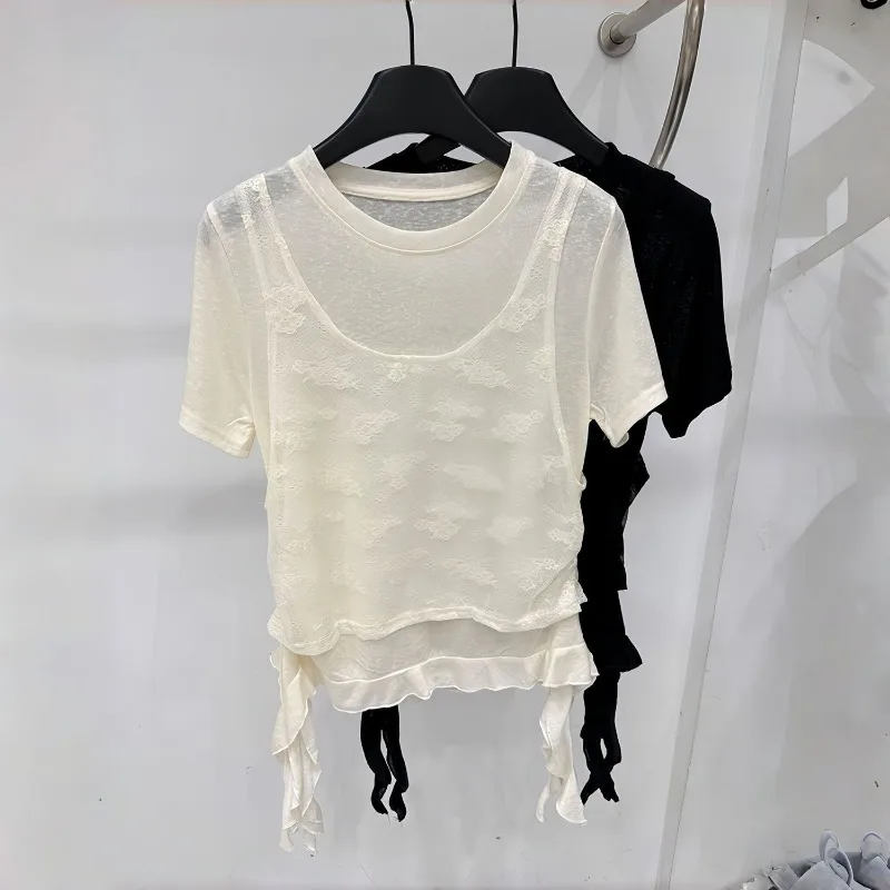 Women Fake Two Piece Lace Round Neck Short Sleeve T Shirt Ruffle Hem Casual Summer Tops