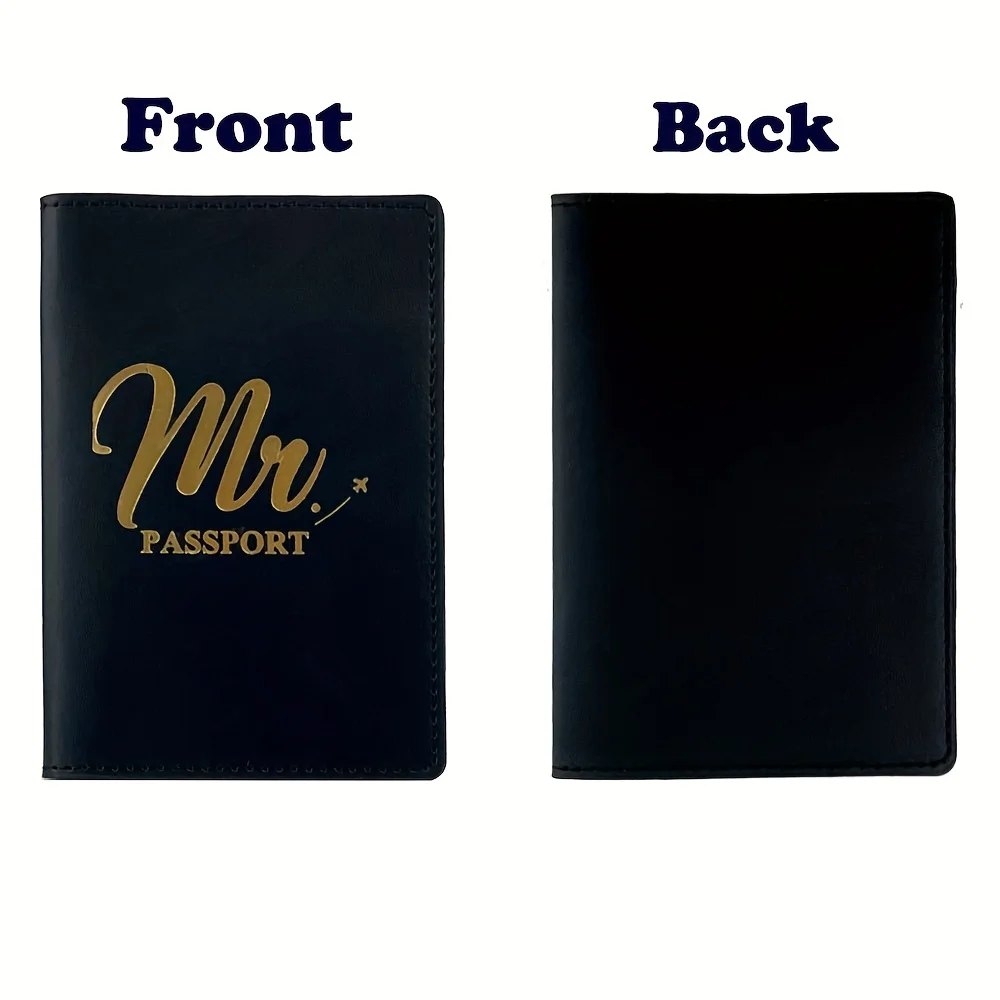 2pcs Personalized Couple Passport Holder Set - PU, Customized Golden Name, MRS MR Design (Airplane Landmark), Couple Gift