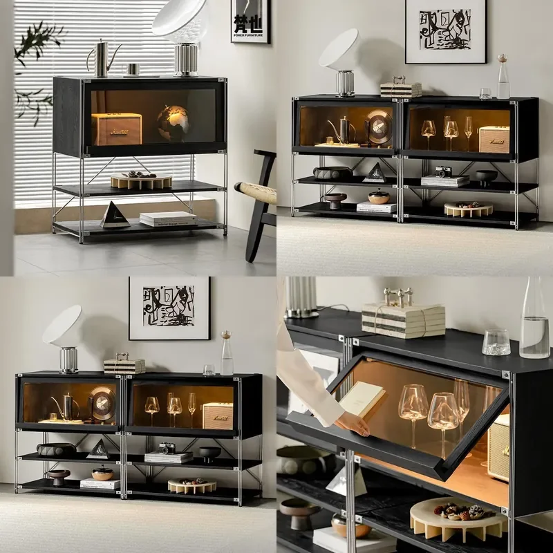 Modern Black Solid Wood Floor to Ceiling Display Cabinet with Flap Door Simple Bauhaus Storage Sideboard Shelf Unit