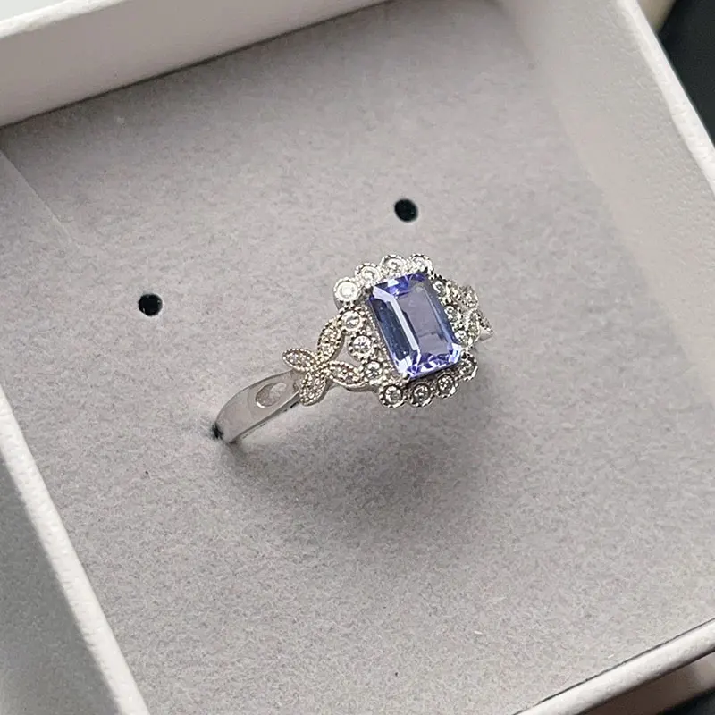 

925 Silver Natural Tanzanite Ring low price 4mm*6mm Natural Tanzanite Ring with Certificate Gold Plating Birthday Gift for Women