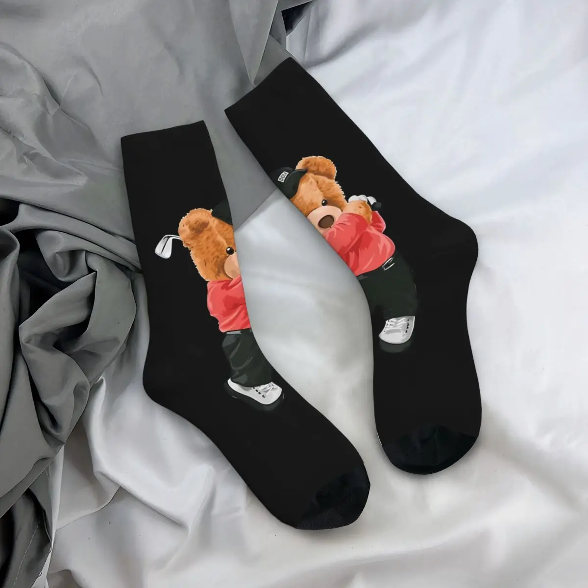 Funny Happy Sock for Men Golf Polo Harajuku Teddy Bear Breathable Pattern Printed Crew Sock Novelty Gift