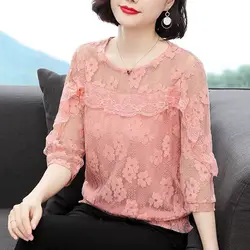 Fashion Elegant Lace Hollow Out Blouse Female Clothing Casual Sweet Ruffles Patchwork Summer 3/4 Sleeve Solid Color O-Neck Shirt