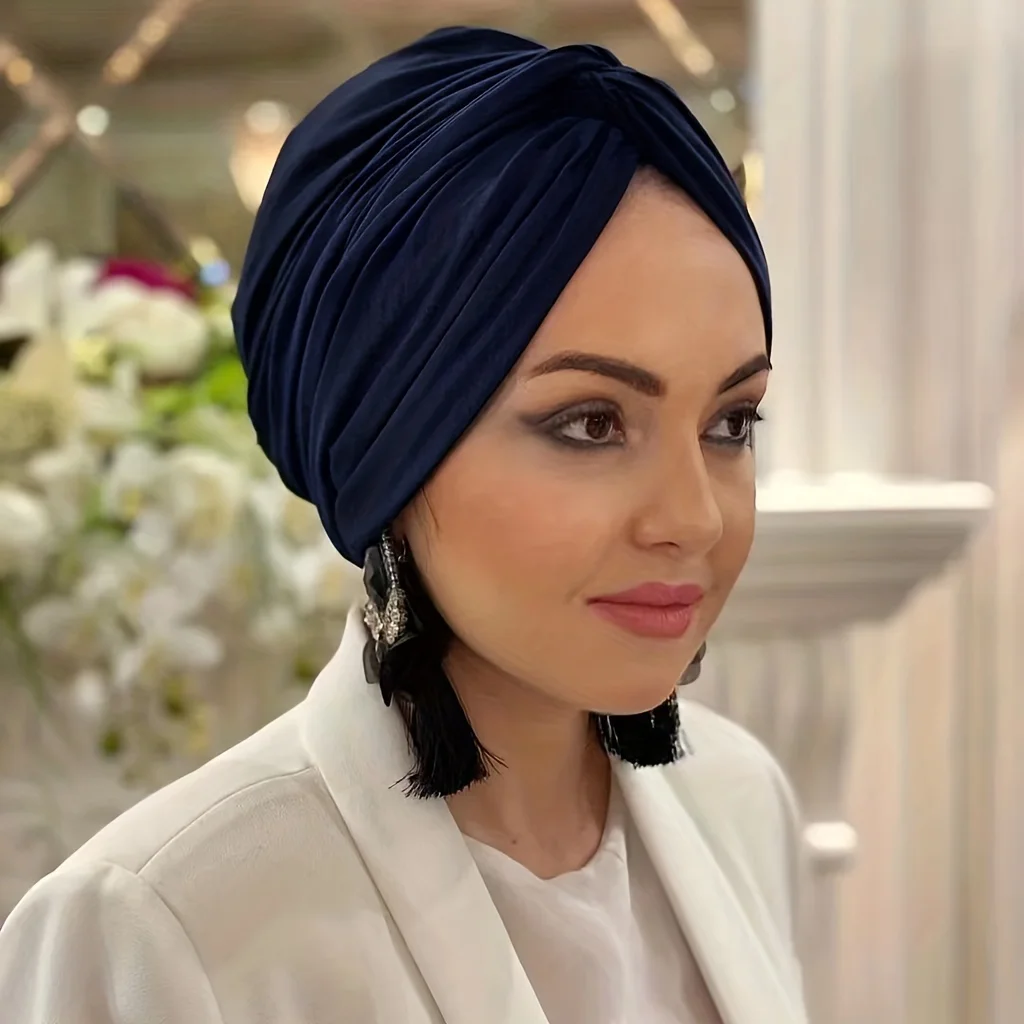 Elegant Crossed Knotted Turban Cap Solid Color Head Wraps Casual Elastic Head Scarf Ramadan Beanies Chemo Cap For Women