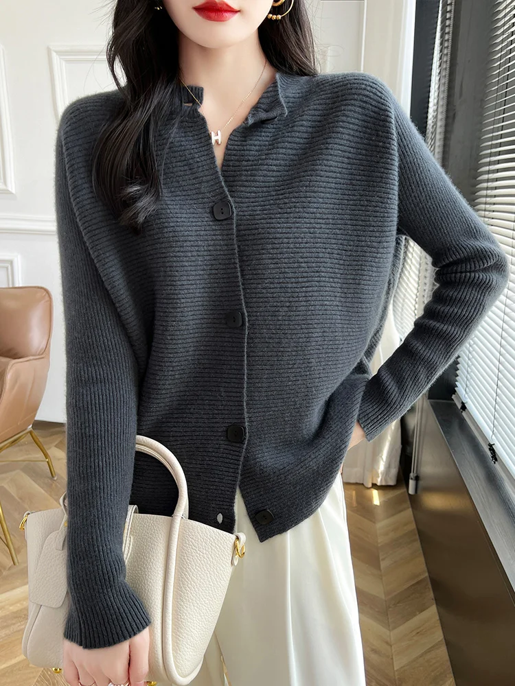 Women Large Size 100%Pure Wool Cardigans O-Neck Loose Bat Shirts Knit Coat Casual Striped Long-Sleeved Jacket Autumn New Sweater