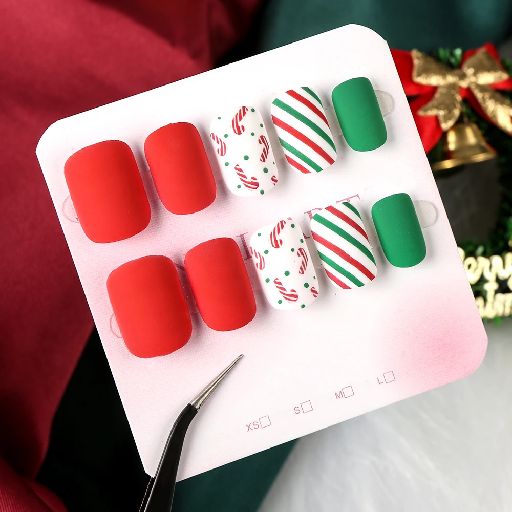 24Pcs/box Christmas Square Round Fake Nails Colorful Line&Round Dot Press On Nails Full-Cover Short Square Glossy Xmas Nail Tips