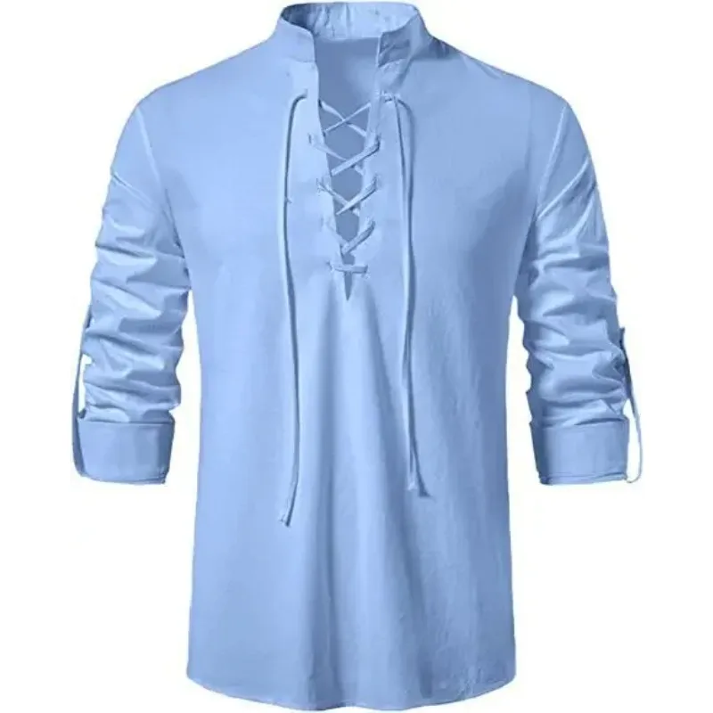 

2024 New Men's Casual Shirt, Cotton Linen Top, Long Sleeved T-shirt, Spring and Autumn Diagonal Collar, Retro Yoga Shirt