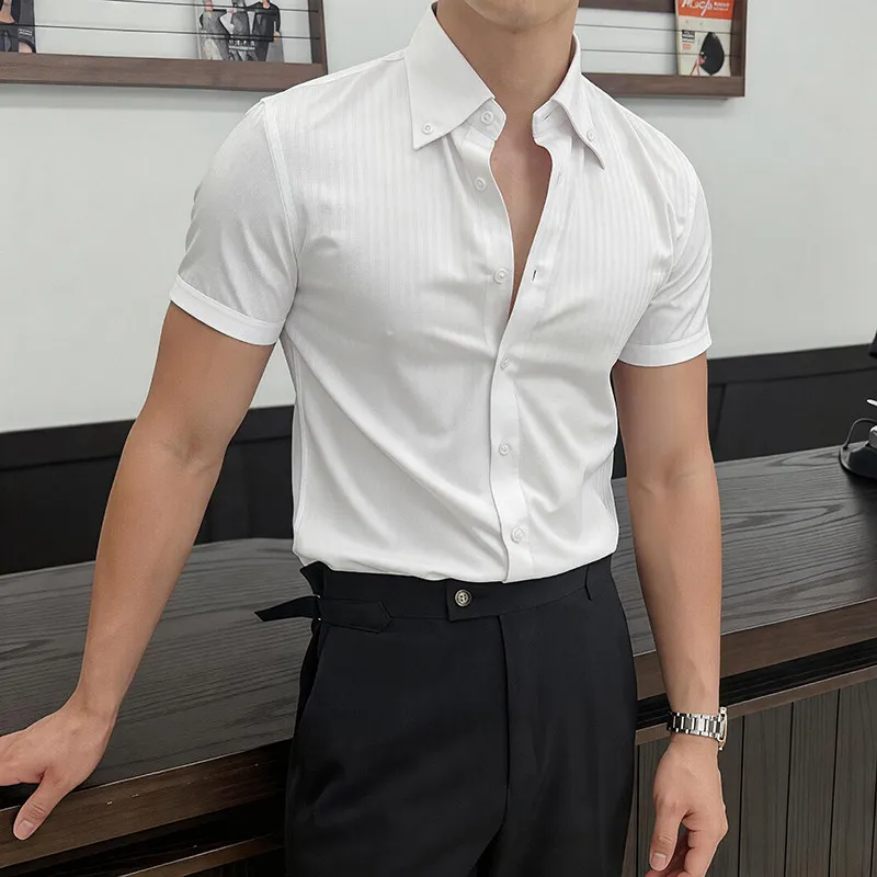 Summer New Dark Striped Pointed Collar Short Sleeved Shirt 2026 Men's Business Slim Fit Casual Versatile Men's Shirts Tuxedos