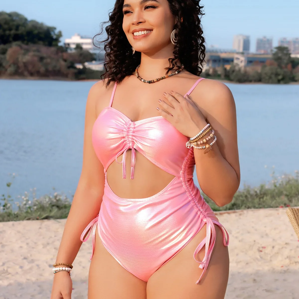 

European and American New Sexy Plus Size Solid Color Drawstring One-piece Explosive Women's Swimsuit Swimsuit T706