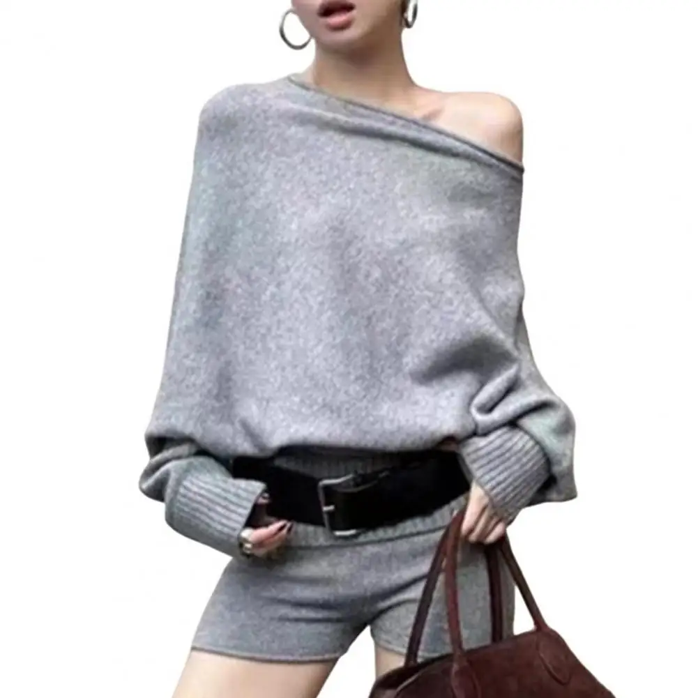 2 Pcs/Set Women Outfit Knitted Sweater Top Shorts Suit One Shoulder Bat Sleeve Loose Solid Color Short Pants Set Winter Outfit