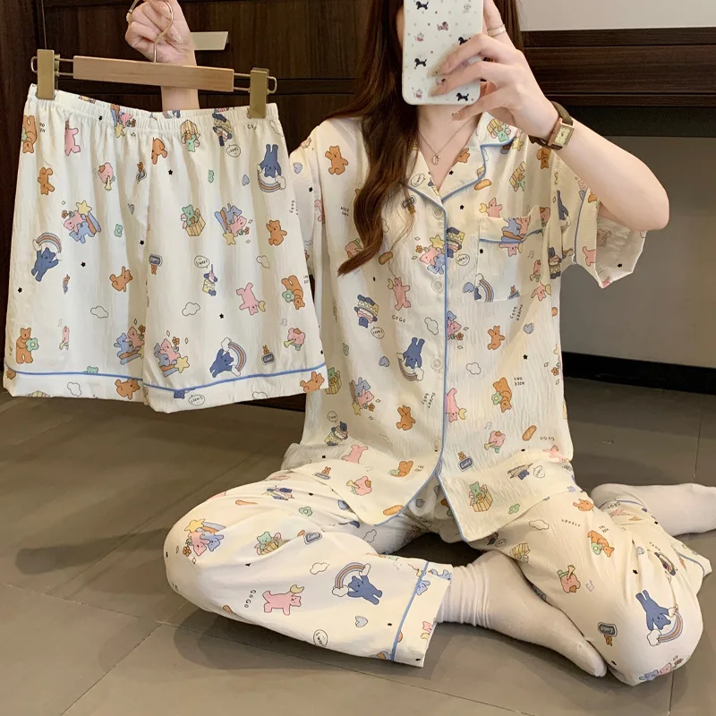 ملابس منزلية نسائية ثلاث قطع طية صدر السترة كارتونية طقم شورت طويل مكون من بيجامات بناتي عصرية فضفاضة ومريحة قابلة للتنفس #3