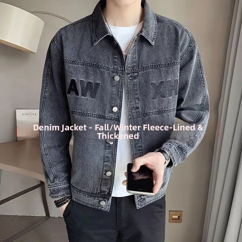 

American Sle Fce Lined Casual Men's Denim Work Jaet Loose Fit Youthful Trendy Workwear Coat for Autumn Winter