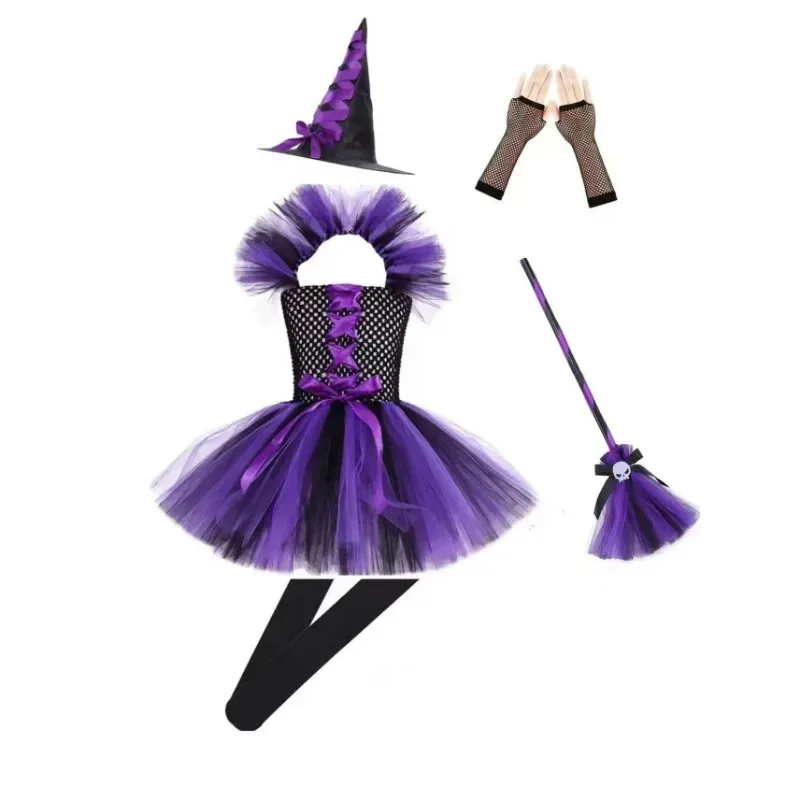 Kostum Penyihir Penyamaran untuk Anak Perempuan Gaun Tutu Halloween dengan Topi Sapu Pantyhose Set Pakaian Pesta Karnaval Cosplay Anak-anak ir;l5