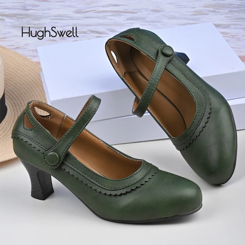 Retro Green Leather Mary Jane Pumps Woman Vintage Ruffles Design Cut Out Dress Zapatos Ladies Brand Design Derby Shoes Plus Size