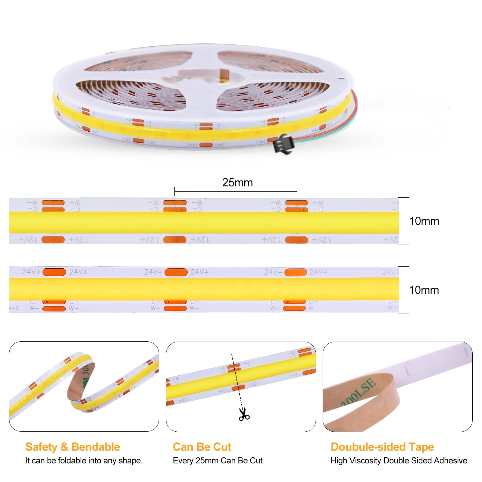 DC12V 24V CCT COB LED Strip With Touch RF Remote Control 2700K to 6500K Changeable Linear Tape 608 LEDs/m Flexible COB LED Tape