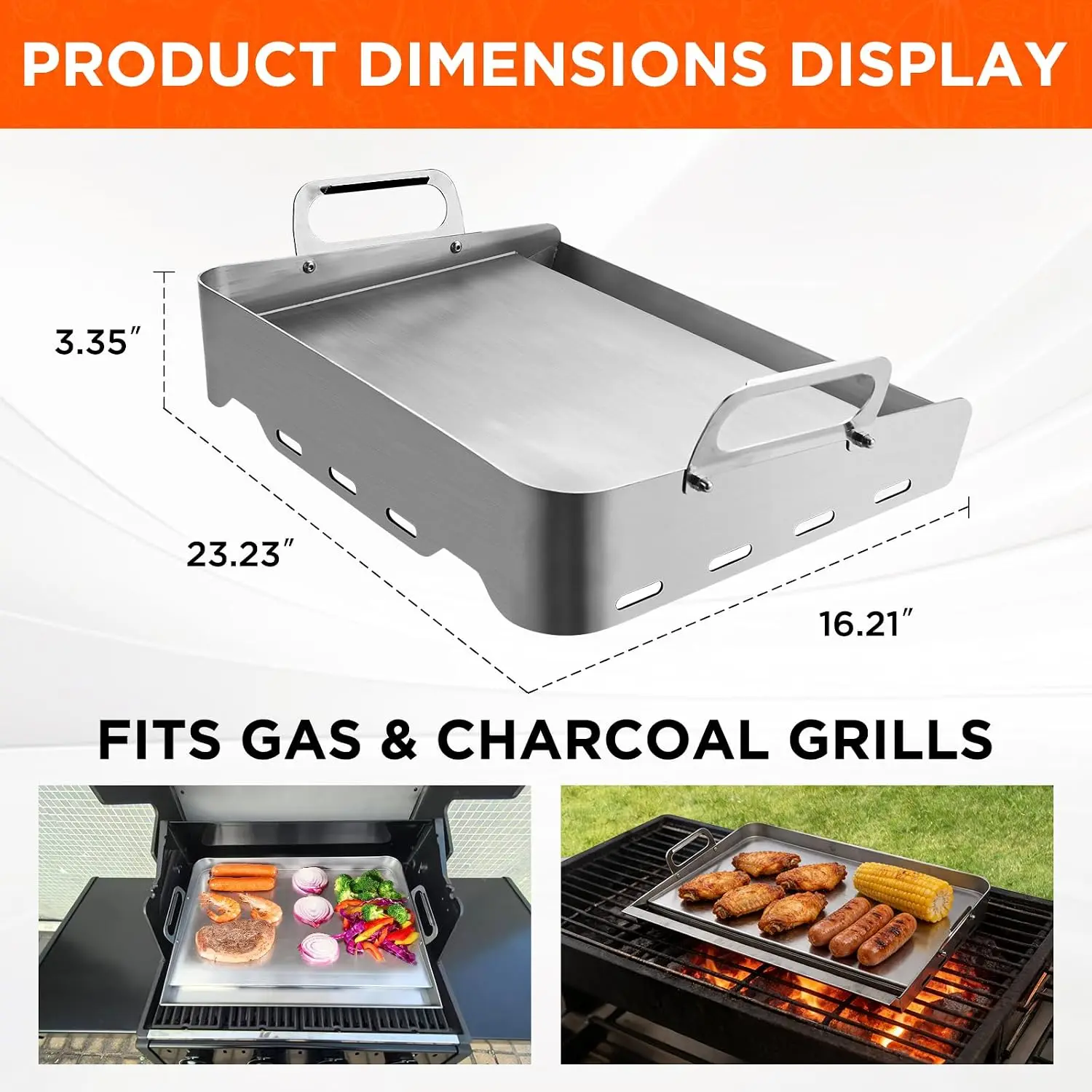 23"x16" Stainless Steel Flat Top Griddle for Gas & Charcoal Grills, Universal for Outdoor Cooking, with Grease Groove & Removable Handle view 2