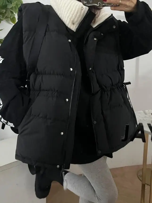 

Knitted Collar Patchwork Cotton Vest Women's Retro Stand Collar Loose Lazy Sle Cotton Filled Svel oulder Pad