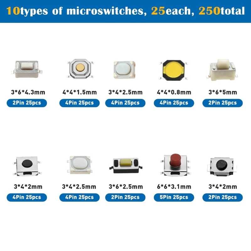 250pcs 10 loại nút nhấn Nút nhấn tạm thời chuyển đổi KXRE KXRE KXRE