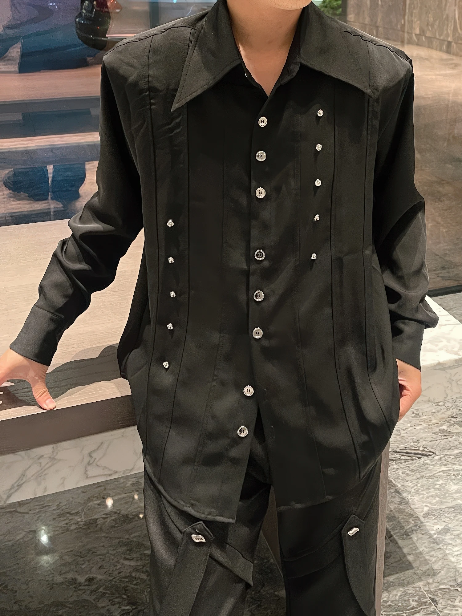 Korean Fashion Trendy Men's Lapel White Long-sleeved Shirt Handsome Men's Design Sense Loose Casual Shirt Shoulder Pads