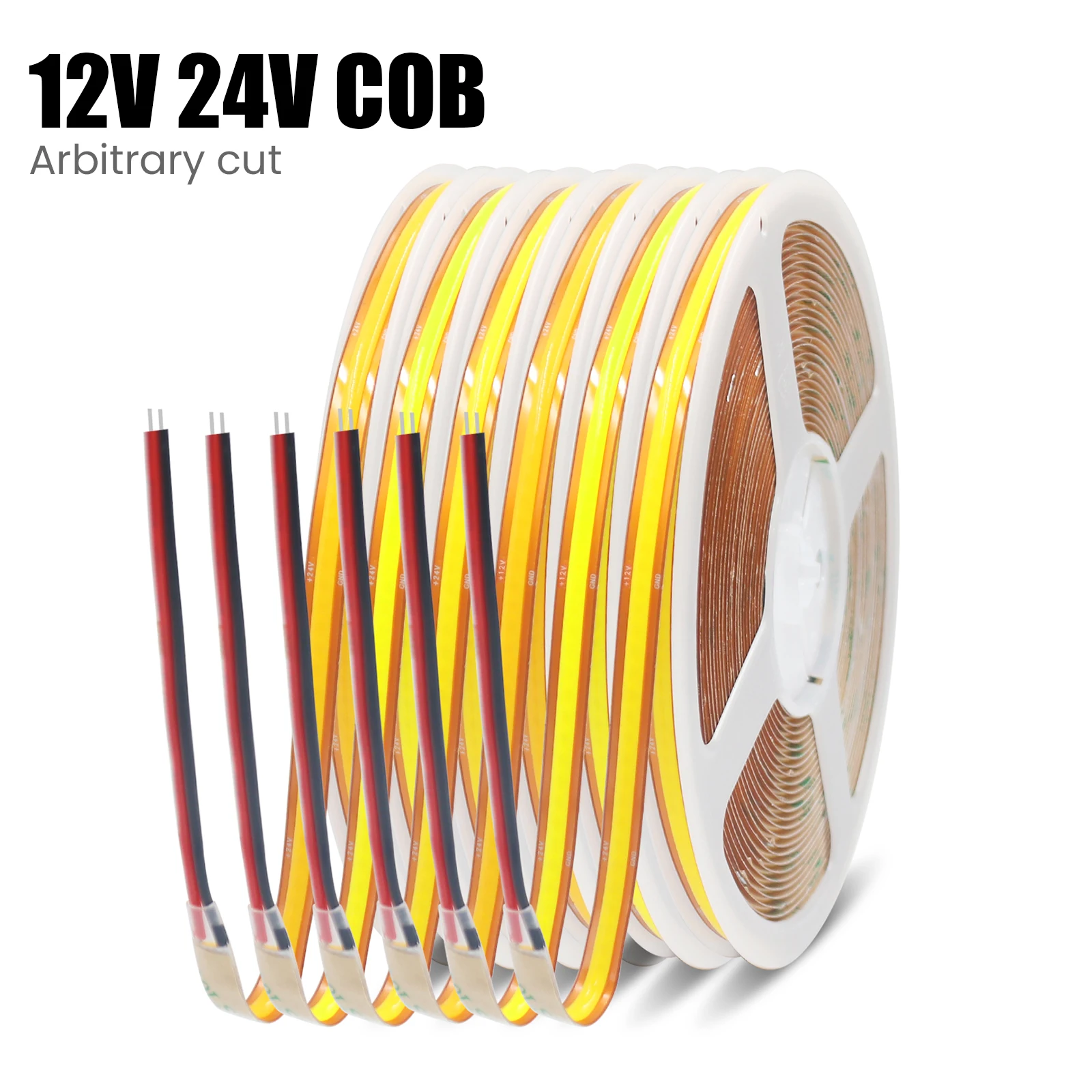 Corte livremente 12V 24V COB LED Strip Light 528 720 LEDs/m Fita flexível de alto brilho 8MM PCB Iluminação linear Branco natural quente