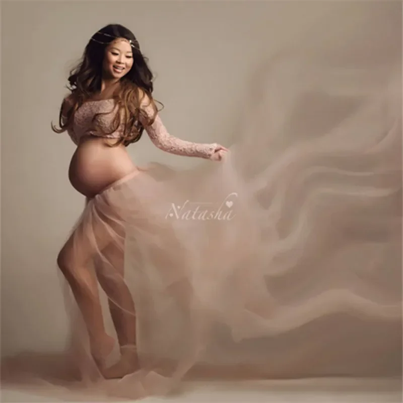 Sexy Maternity Photoshoot Dress Woman Lace Tops Tulle Skirt Pregnancy Photography Sets For Pregnant Women Baby Shower Maxi Gown