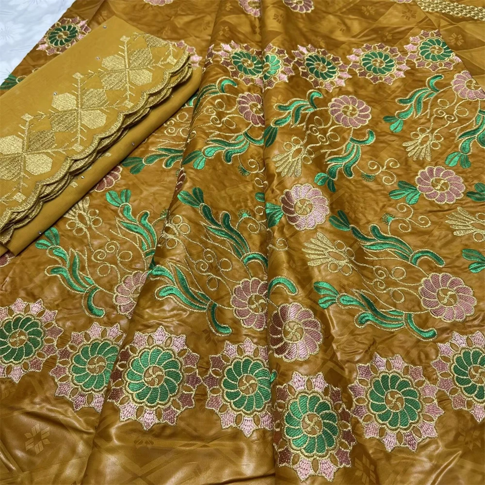 

Хлопковый комплект Bazin Riche с вышивкой, зеленый комплект из кружевной ткани Bazin и тюля для африканского нигерана, женское праздничное платье 5 + 2 ярда