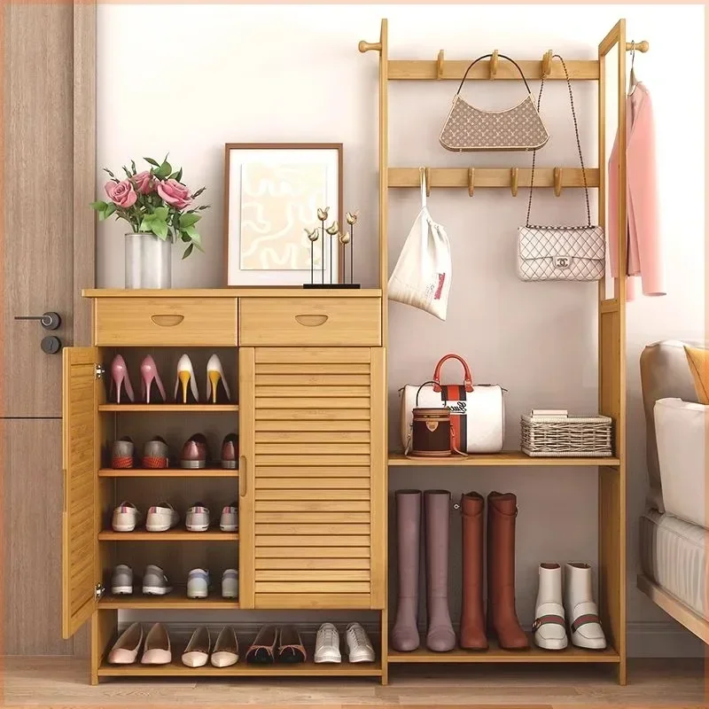 Internet Celebrity Nanzhu Shoe Cabinet Full Bamboo Shoe Cabinet Coat Rack Integrated Entrance Cabinet Multi-function Premium