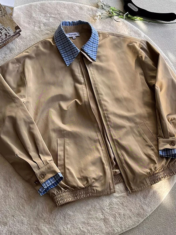 

Khaki Miu Series Vintage Preppy Sle Jaet New Autumn 2025 Men's Loose Fit Coat with kets Polyester Fabric Wear Resistant