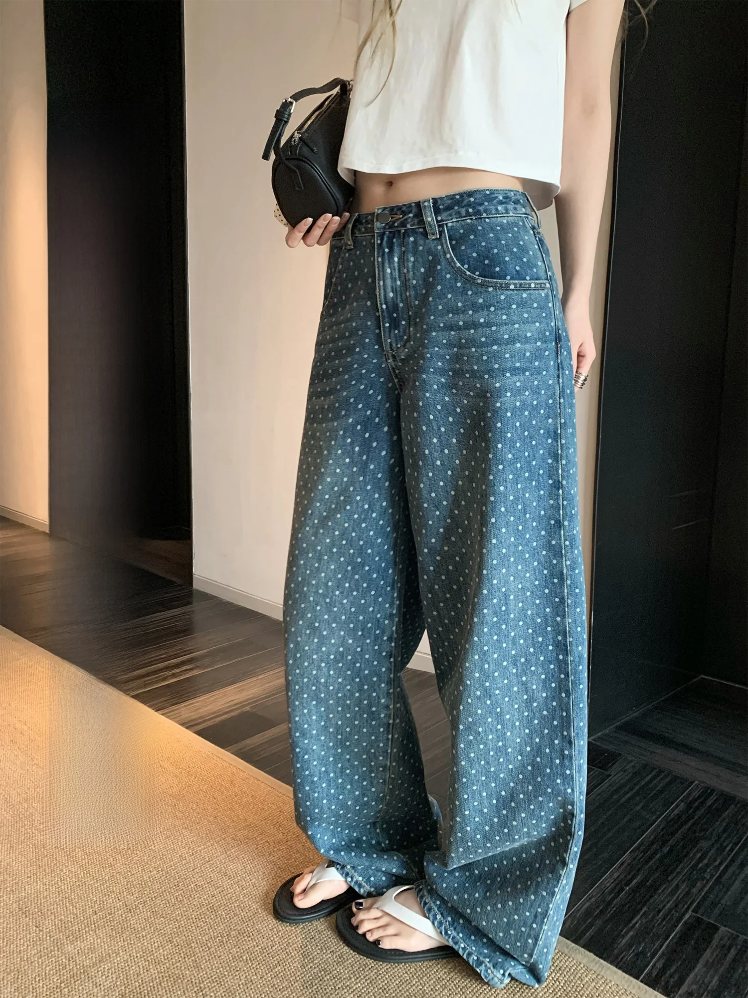

Blue Polka Dot Denim Pants Women's Wide Leg Straight Cut Trousers Retro Design Sensation New Style Summer Collection