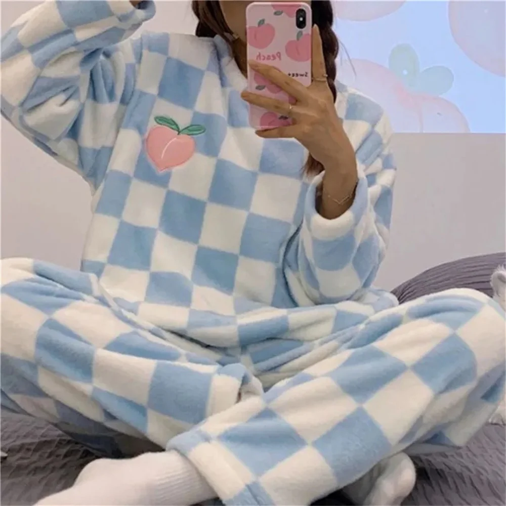 Women\'S Plush Pajamas Set 2 Pieces Autumn Winter Long Sleeve Warm Home Clothes Casual Cute Cartoon Korean Sleepwear Homewears