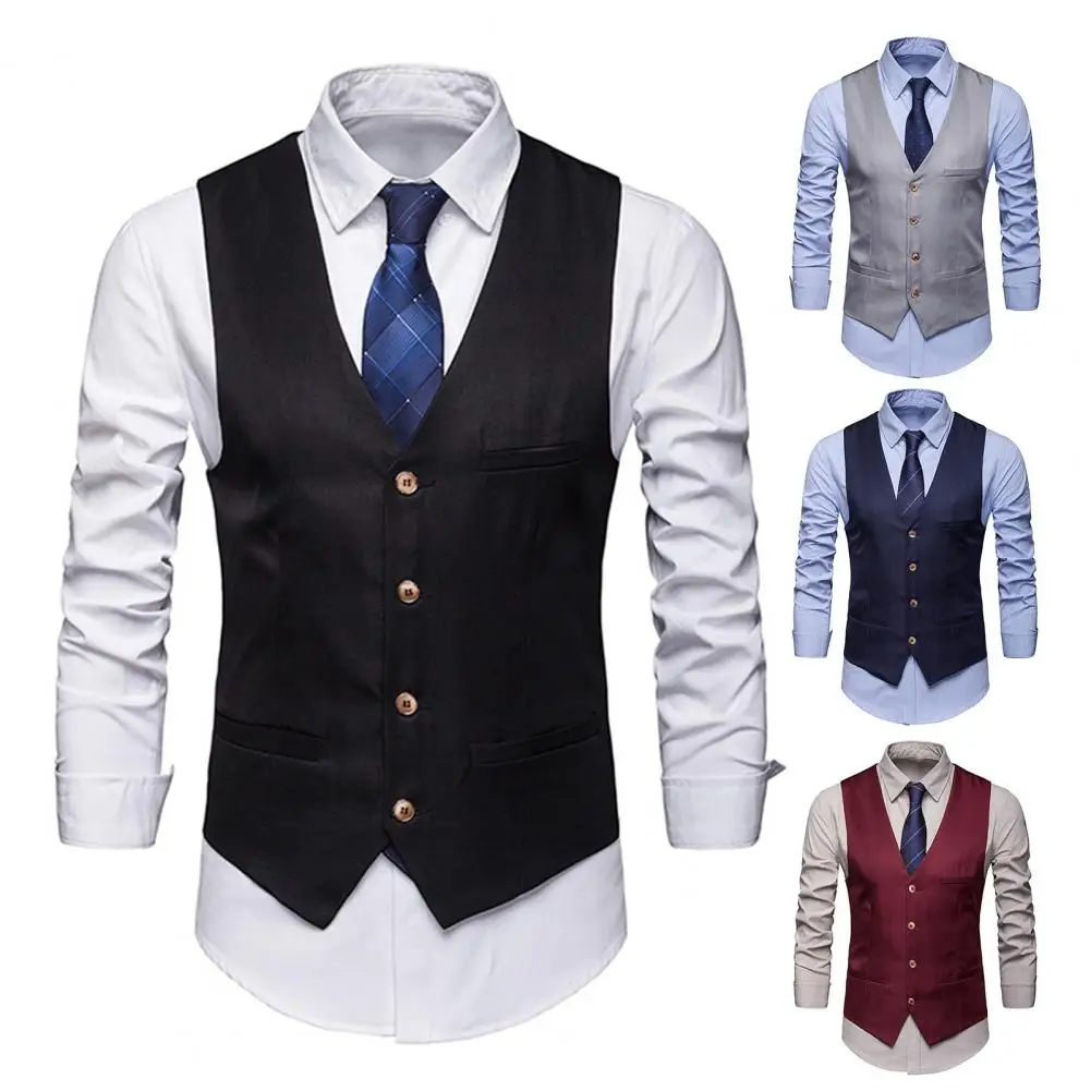 

Men Suit Vest Formal Business Style Sleeveless V Neck Slim Fit Cardigan Single-breasted Solid Color Groom Wedding Waistcoat Vest