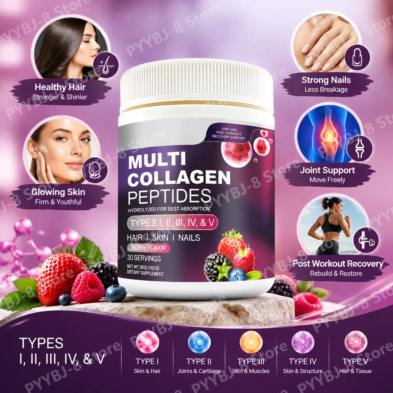 Multi Collagen Peptides Powder,Berry Flavor,Support Hair Skin Nails,Joint & Post Workout Recovery,Types I II III IV V,281g