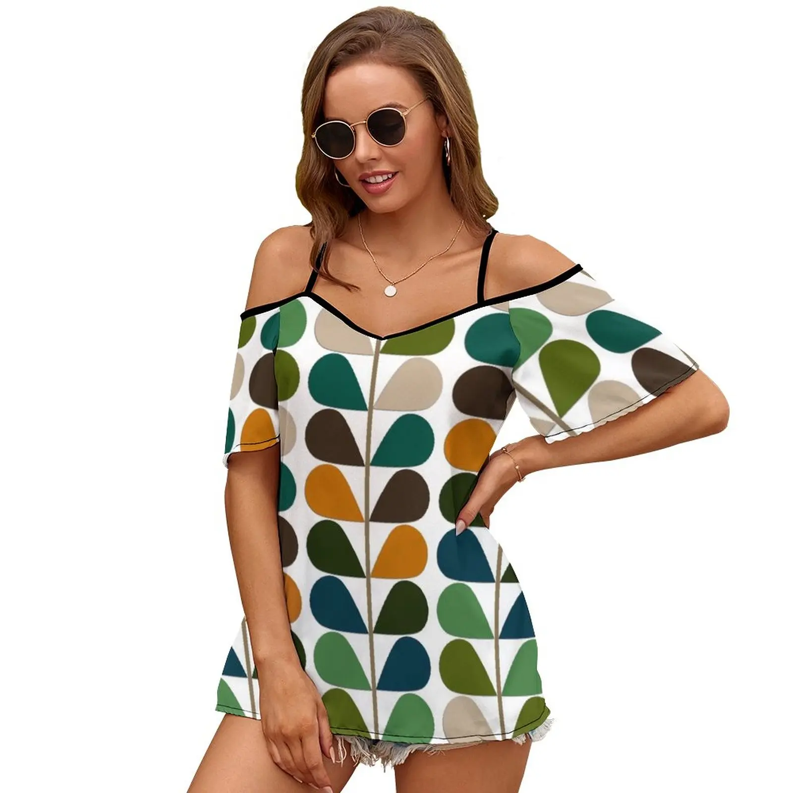 Retro 60S Mid Century Modern Pattern 2 Women Short Sleeve Tops O-Neck Hollow Out Shoulder Strap Tees Streetwear Retro 50S 60S