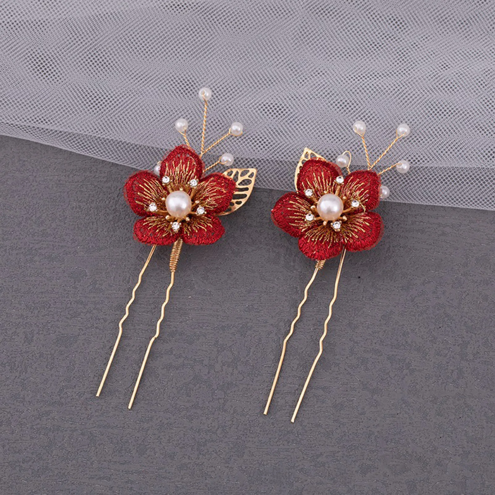 Red Floral Hair Comb Wedding Accessories Golden Pearl Tiaras Hairpin Charm Girls Wedding Headpiece Bride Crown Gift Hair Jewelry