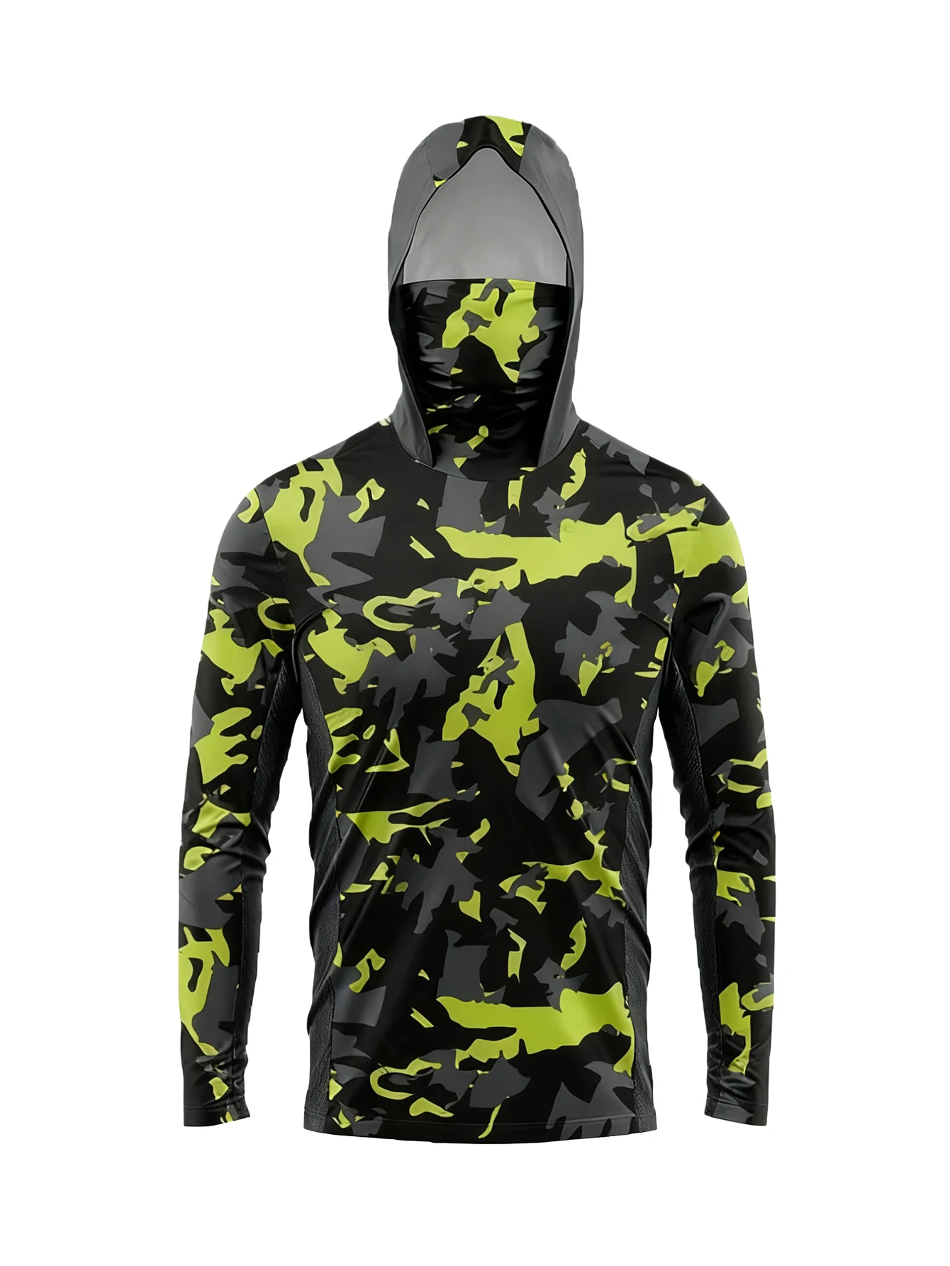 Graffiti Print Men Fishing Hooded Shirt Built‑in Face Cover UPF50+ Sun Protection Quick‑Dry Long Sleeve Outdoor Sport Tops