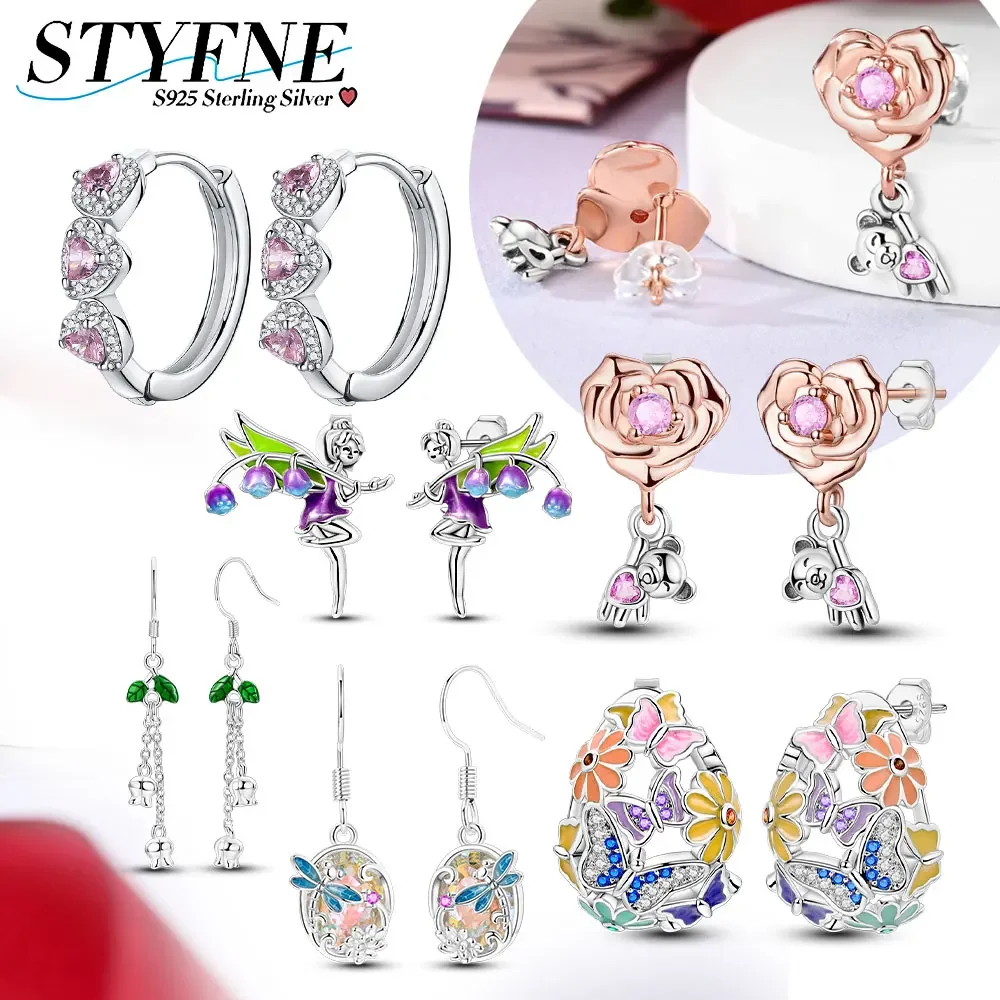 Valentine's Day Series Colorful Zircon Rose Bear Earrings for Women's High-end Boutique 925 Sterling Silver Jewelry Holiday Gift