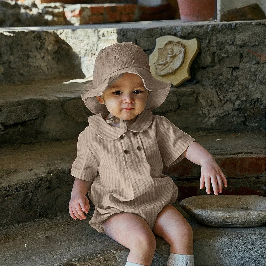 Summer Costume School Style Infant Outfits Girl Baby Solid Loose Short Sleeve Bodysuit Newborn Boy Cotton Striped Casual Romper
