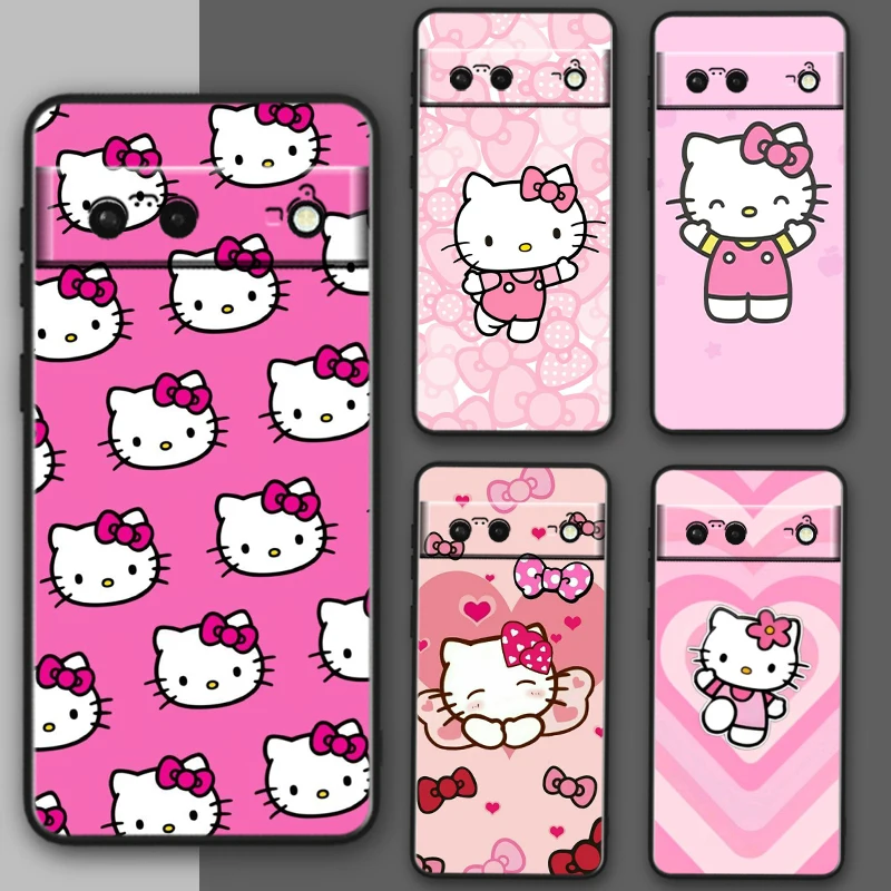 Comic Cute Hellokitty For Google Pixel 8 7A 7 6A 6 5A 5 5XL 4A 4XL 4 Pro 5G Shockproof Soft TPU Black Phone Case