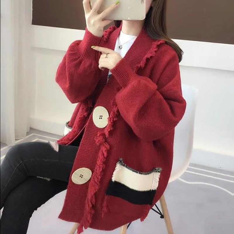 Fashion V-Neck Button Pockets Tassel Cardigan Sweater Female Clothing 2023 Winter New Oversized Loose All-match Commute Tops