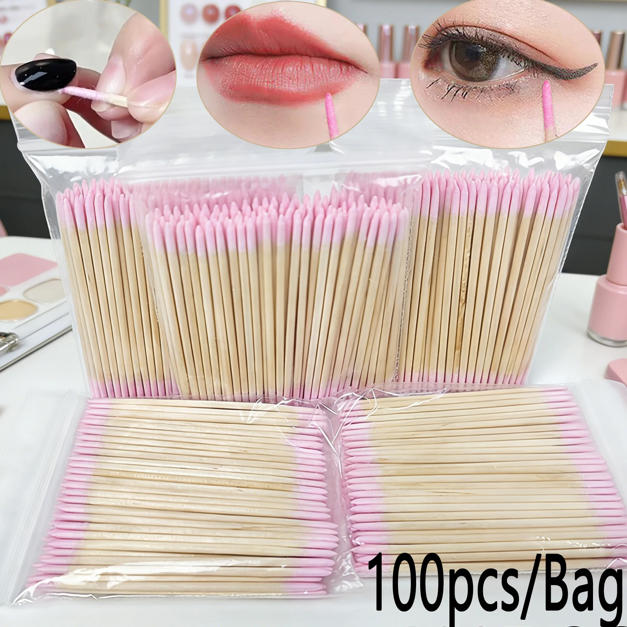 100/200/300pcs Double-ended Pointed Cotton Swabs For Nail Art Disposable Nail Gel Polish Remover Pink Nail Groove Cleaning swabs