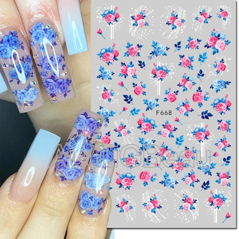 

3d Nail Art Decals Geometric Lines Pink Blue Roses Flowers Leaves Adhesive Sliders Nail Stickers Decoration For Manicure