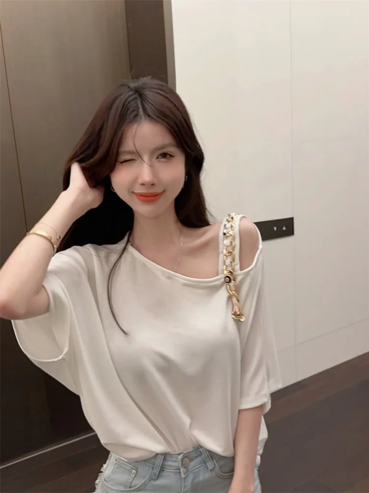 

Irregular Shoulder Strap Sexy Loose Short Sleeve T-Shirt Women Summer New Casual Versatile White Top Sweet Style Batwing Sleeve
