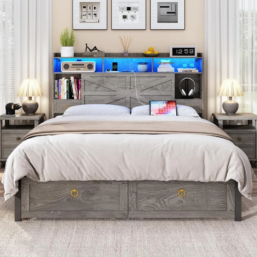Bed Frame with Storage Headboard, Farmhouse Wood Bed Frame Size with 4 Drawers, LED Light and Charging Station, Metal Slats Sup