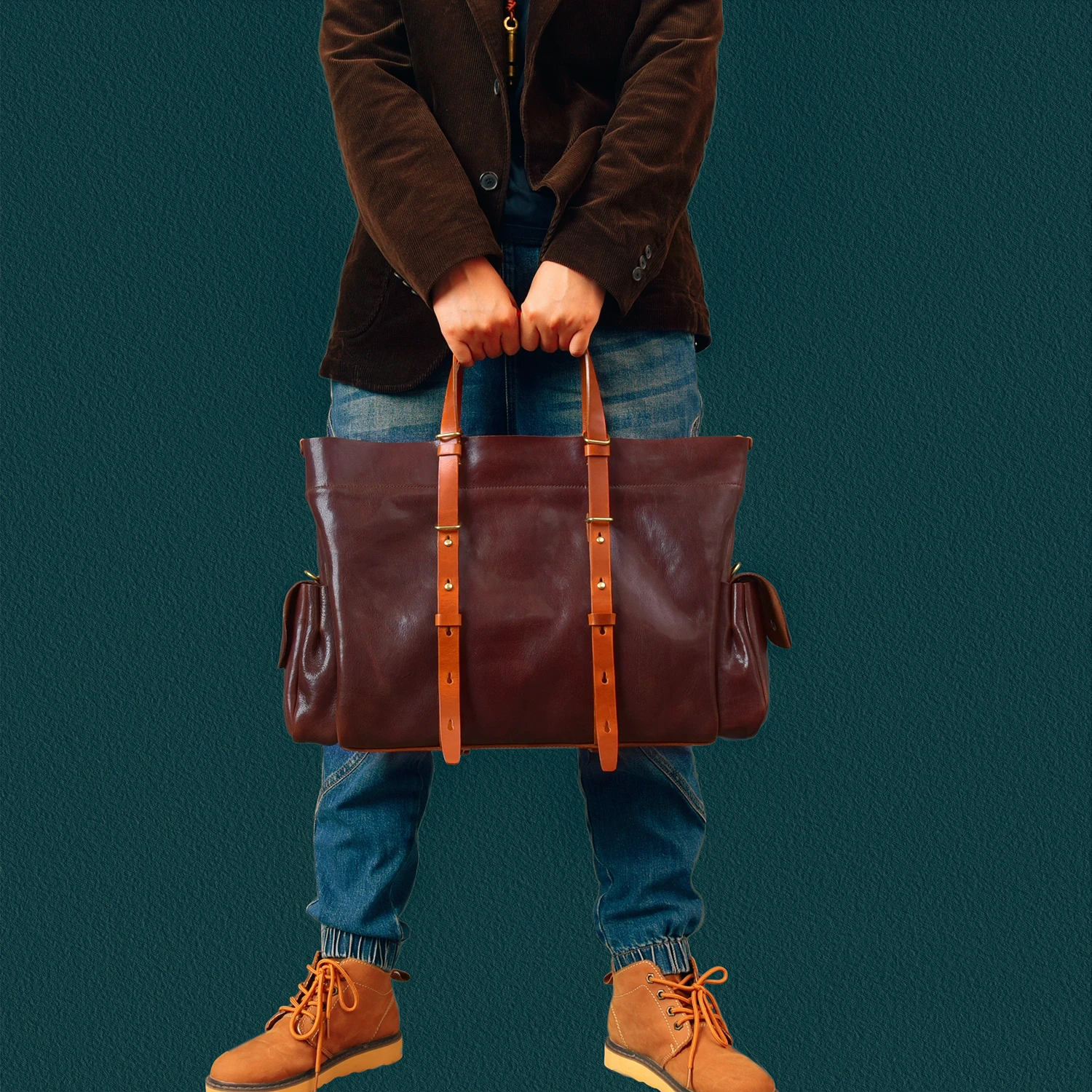 حقائب سفر كلاسيكية مصنوعة يدويًا من الجلد الأصلي للرجال ذات سعة كبيرة حقيبة يد فاخرة من جلد البقر المدبوغ بالخضروات