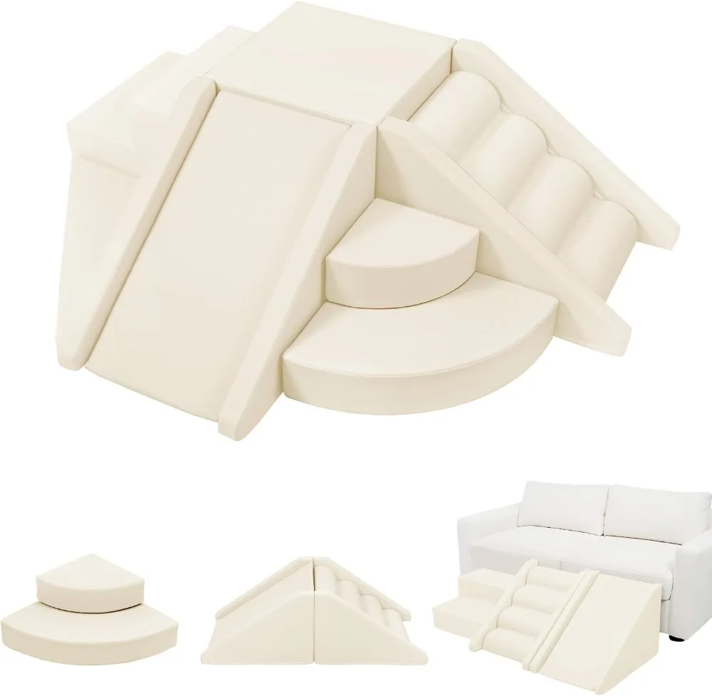 9-Piece Foam Climbing Blocks for Toddlers, Climb & Crawl Tunnel Soft Play Set, Cream