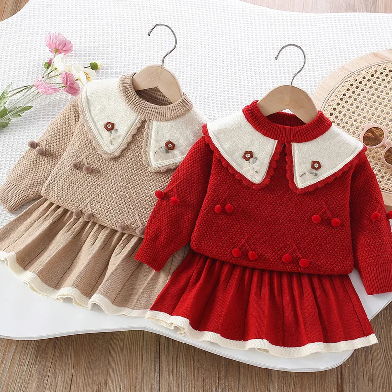 

Комплекты трикотажной одежды для девочек, осенне-зимние детские шерстяные свитера из джерси, топы, юбки, детское платье принцессы, костюм для детской одежды 3