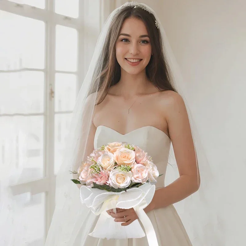 1PC Bouquet da sposa per la sposa, bouquet artificiale con nastro di seta rosa bianca per matrimonio, bouquet di rose in pizzo di perle da chiesa di nozze