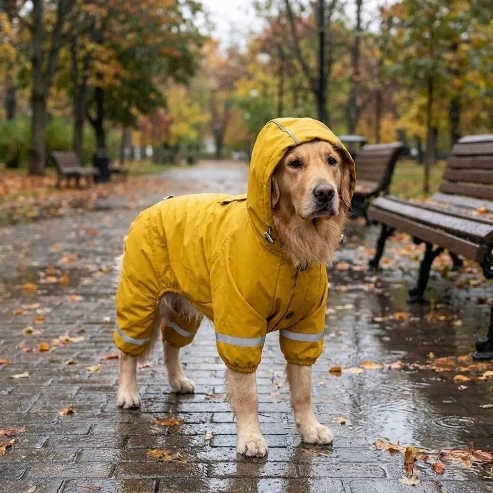 Thickened Winter Warm Dog Raincoat Soft Plush Reflective Trim Dog Jumpsuit Poncho Adjustable Windproof Pet Four-legged Raincoat