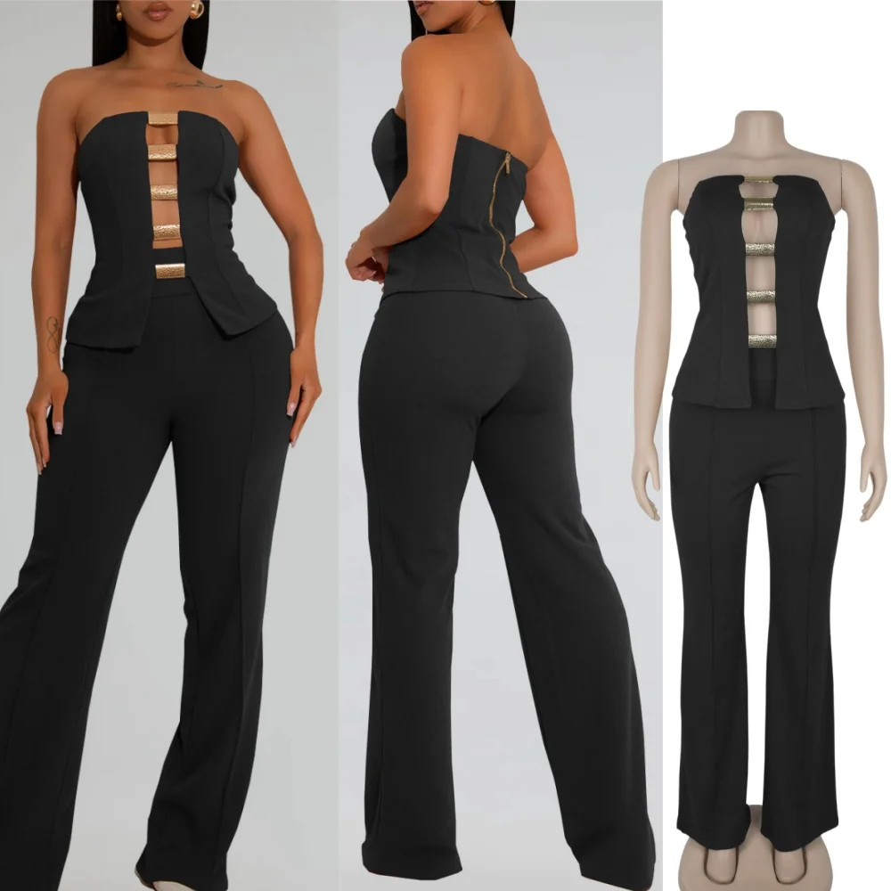 HLJ Elegant Solid Color Two Piece Outfit Women Gold Bar Cutout Front Peplum Crop Top + High Waist Flare Pants Outfits Nightclub