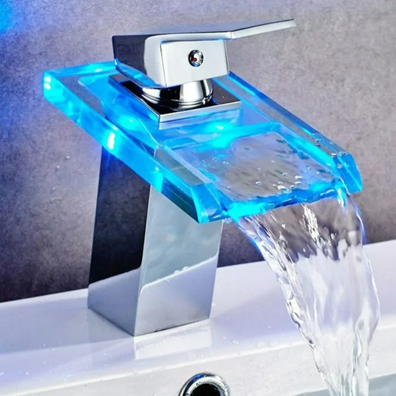 LED Color Changing Faucet Bathroom  Wash Sink Cold and Hot Water Faucet Modern Temperature Colors Change Sink Tap